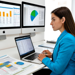 A focused financial journalist, fully clothed in a modest business casual outfit, is diligently working at a spacious desk. The desk is covered with local municipal finance reports, Portuguese news printouts, and a laptop displaying complex data. The background features a clean, well-lit modern office with subtle architectural elements hinting at a Portuguese setting. The journalist is actively engaged in deep research, highlighting a section of a document. safe for work, appropriate content, perfect anatomy, correct proportions, natural pose, well-formed hands, proper finger count, natural body proportions, professional photography, high resolution, detailed, realistic, professional dress, family-friendly.