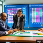 지방재정전문가로서의 자기 개발 - A modern Brazilian municipal office scene showing a diverse group of local government officials coll...