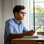 지방재정분야 취업 성공 사례 - A focused young Brazilian public finance candidate studying at a modern desk with textbooks, laptop,...
