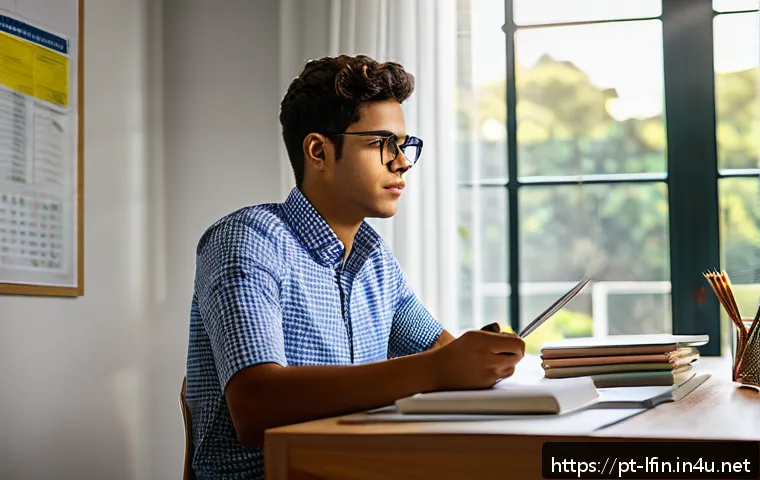 지방재정분야 취업 성공 사례 - A focused young Brazilian public finance candidate studying at a modern desk with textbooks, laptop,...